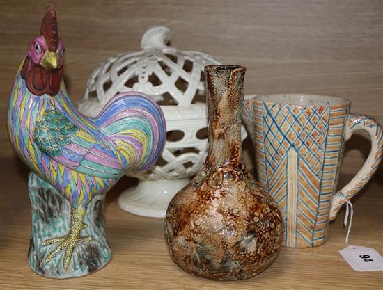 A Wedgwood pearlware pierced basket, a pottery vase, a jug and a cockerel